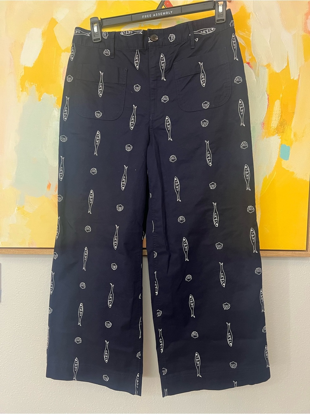 Free Assembly Navy Cropped Wide-Leg Pants with Fish Print